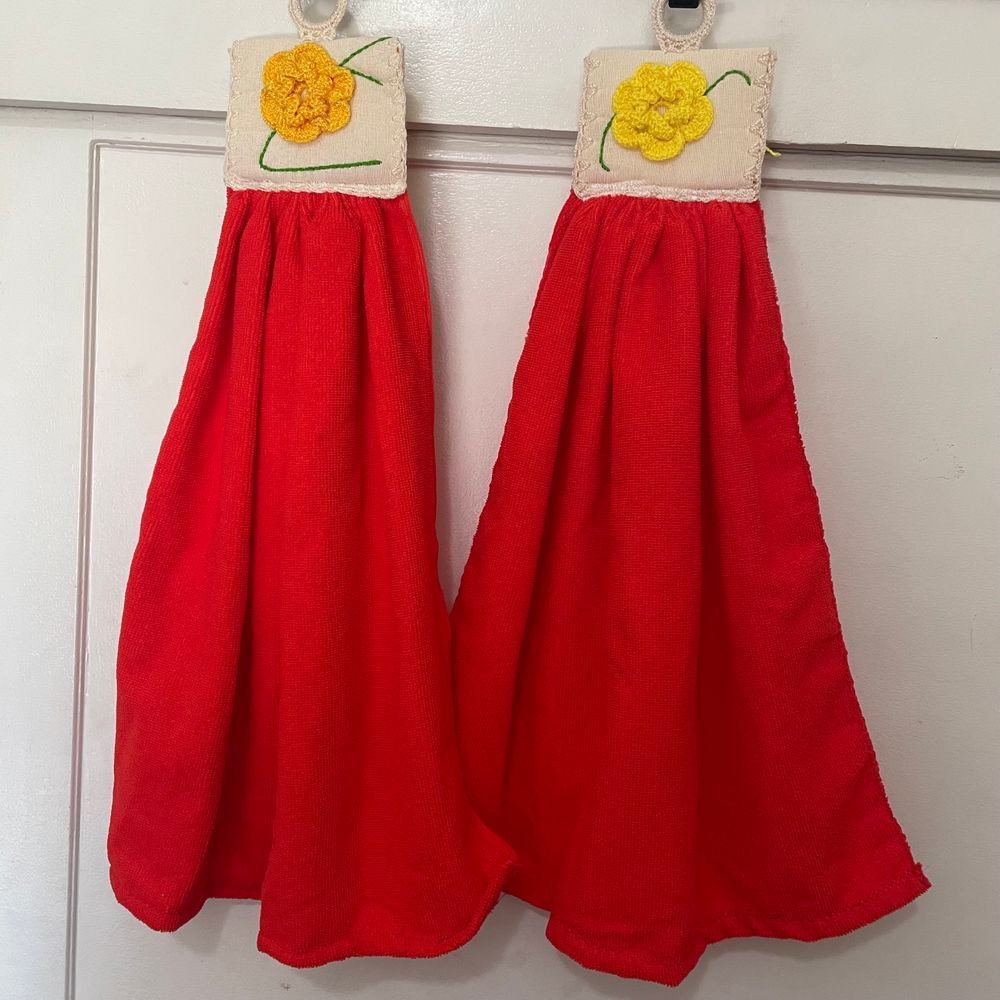 Handmade embroidered terry cloth hanging hand towels orange yellow flowers